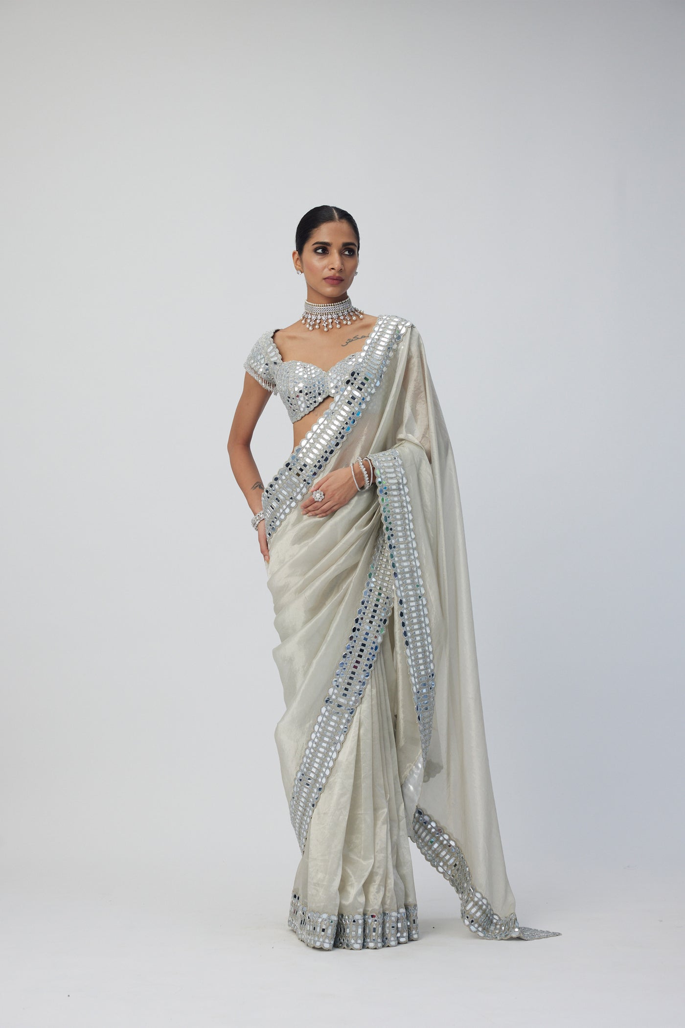 V Vani Vats Silver Shimmer Organza Saree Set indian designer wear online shopping melange singapore