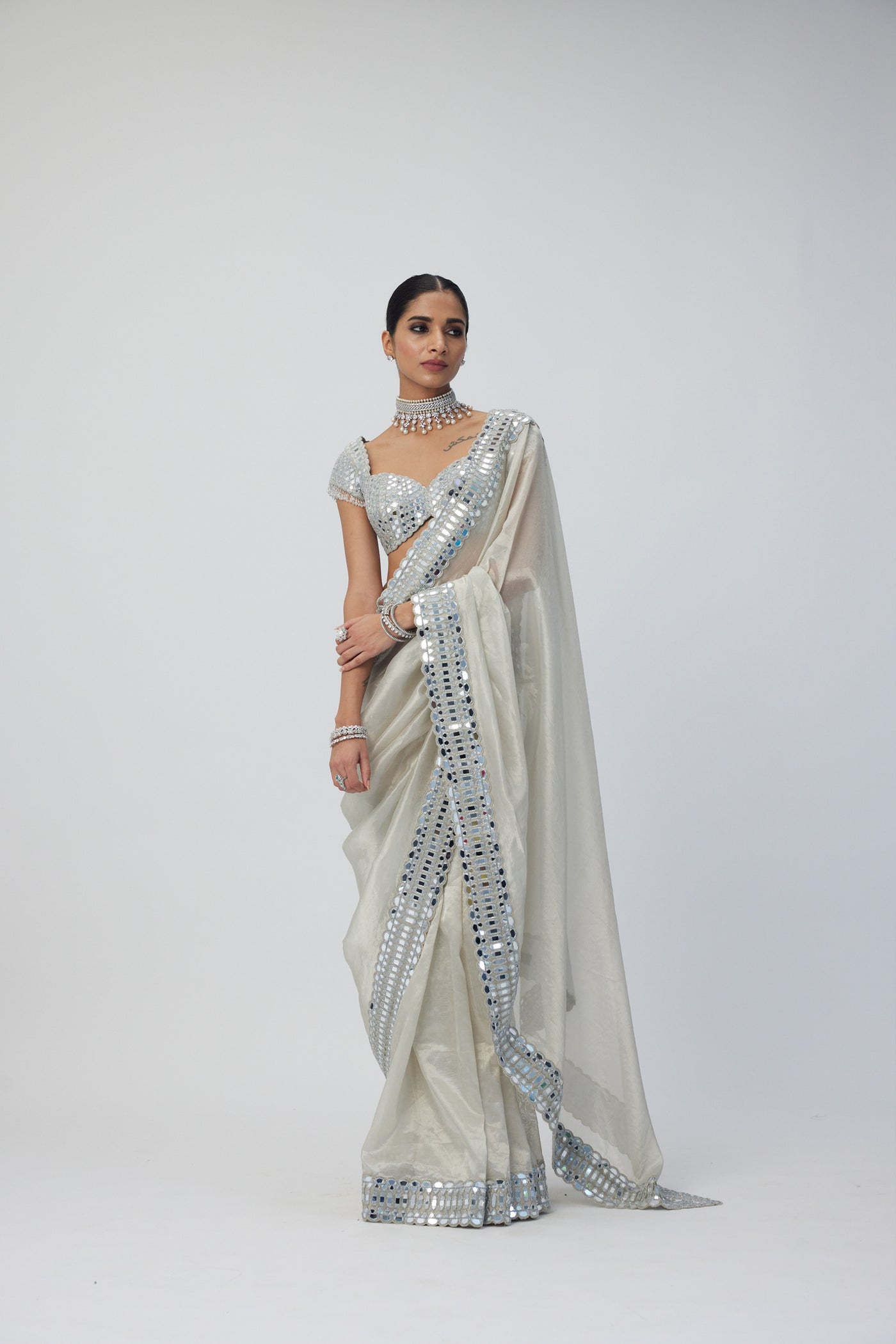 V Vani Vats Silver Shimmer Organza Saree Set indian designer wear online shopping melange singapore