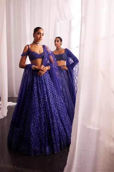 Cocktail Blue Sequins Scattered Tulle Lehenga Set Melange Singapore Online Shopping Indian Designer Wear V Vani Vats