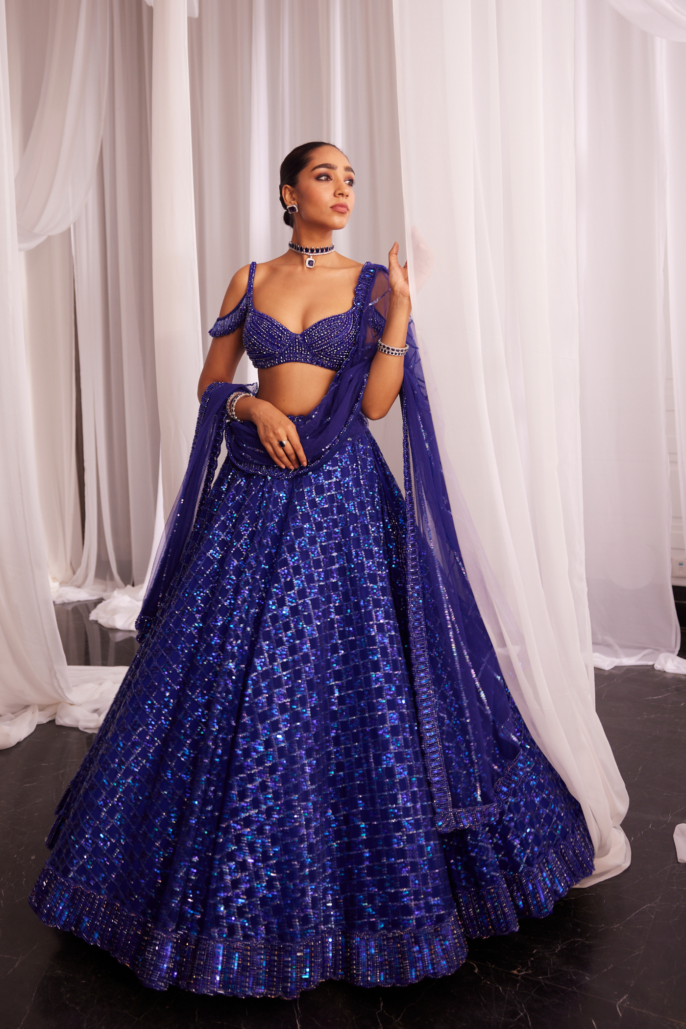 Cocktail Blue Sequins Scattered Tulle Lehenga Set Melange Singapore Online Shopping Indian Designer Wear V Vani Vats