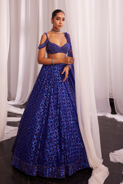 Cocktail Blue Sequins Scattered Tulle Lehenga Set Melange Singapore Online Shopping Indian Designer Wear V Vani Vats