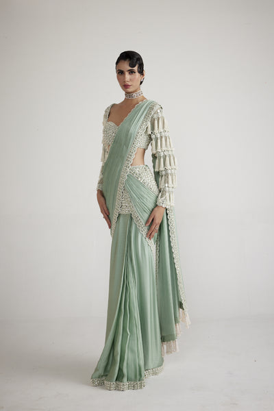 Vani Vats Powder Mint Chandelier Drop Saree Set indian designer wear online shopping melange singapore