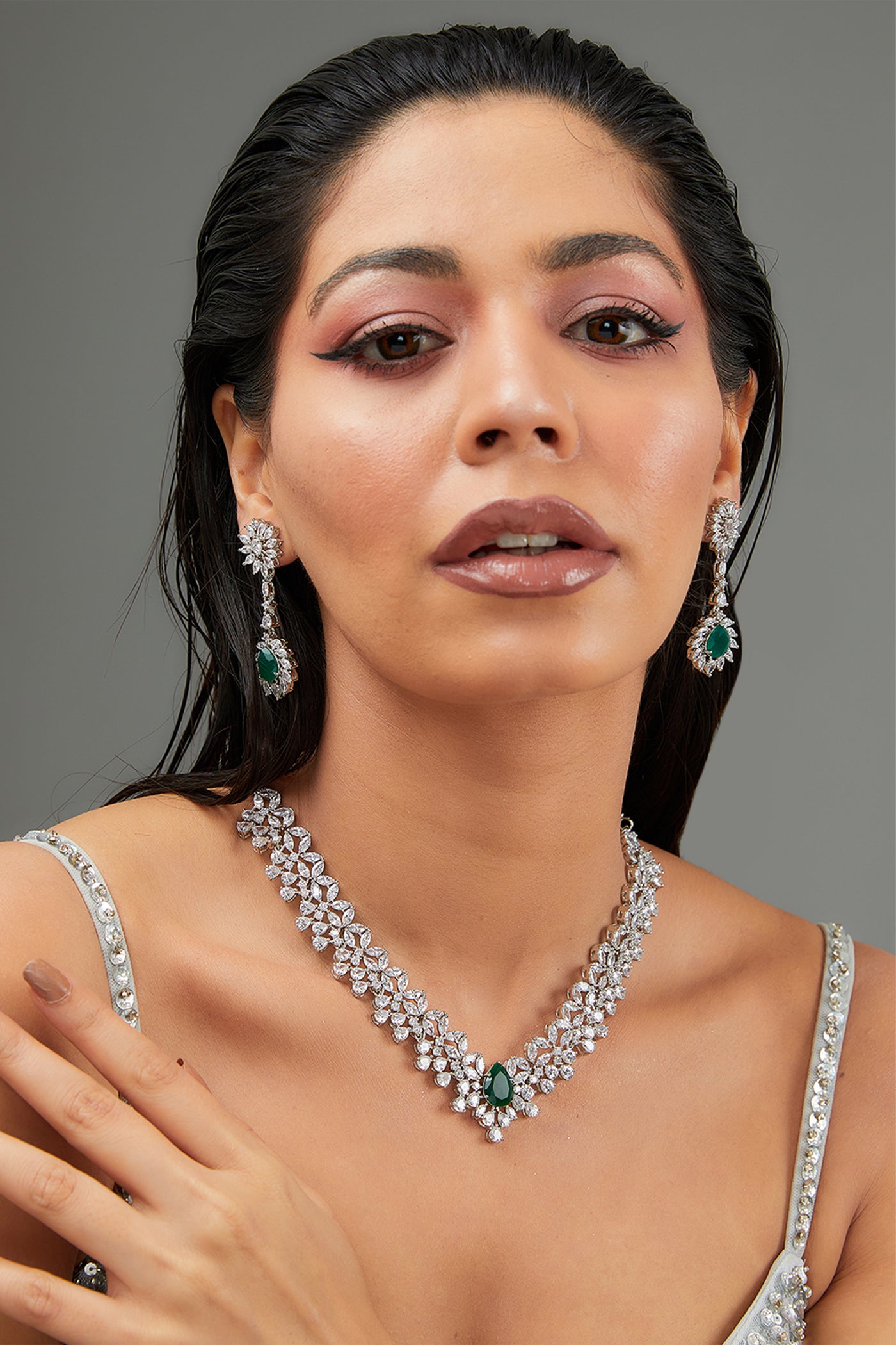 Zevar Diamond Green Necklace Set indian designer wear online shopping melange singapore