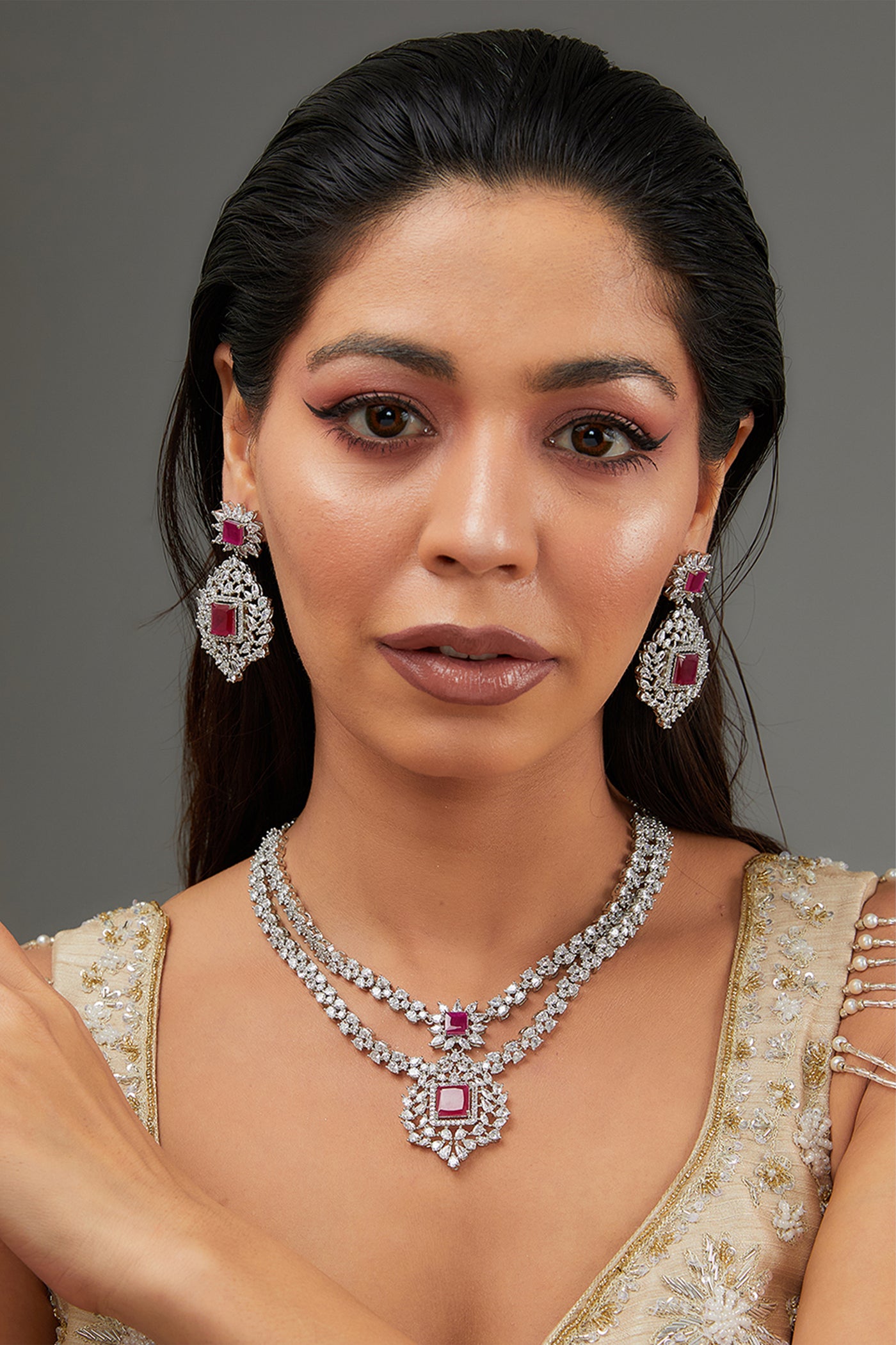 Zevar Double Layer Diamond Necklace Set indian designer wear online shopping melange singapore