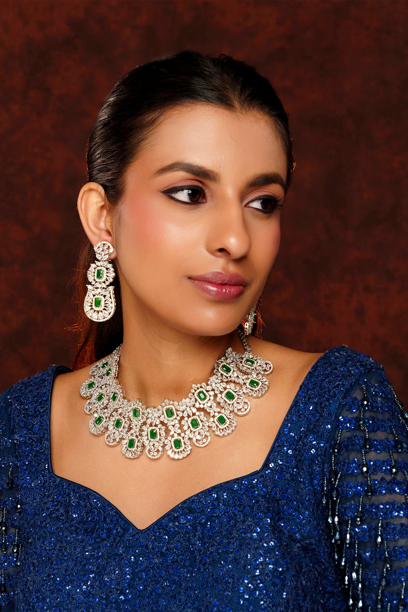 Zevar Dramatic Emerald Diamond Set indian designer wear online shopping melange singapore
