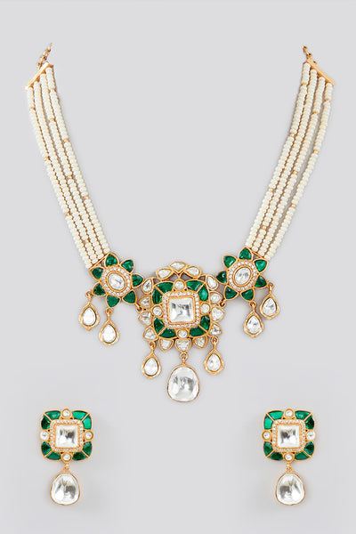 Zevar Dramatic Set With Pearl Strings And Kundan Stones indian designer wear online shopping melange singapore