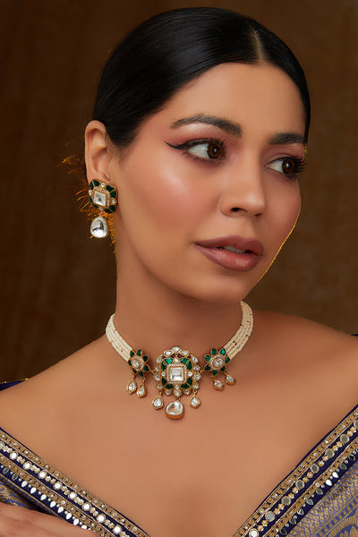 Zevar Dramatic Set With Pearl Strings And Kundan Stones indian designer wear online shopping melange singapore