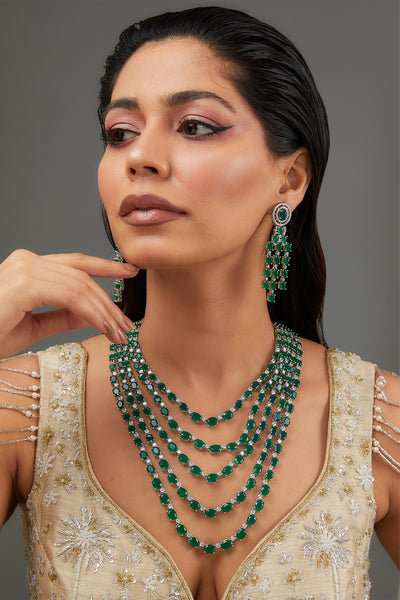 Zevar Emerald Layered Diamond Necklace Set indian designer wear online shopping melange singapore