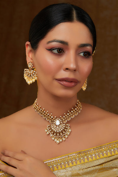 Zevar Gold Kundan Necklace Set With Gold Plating indian designer wear online shopping melange singapore