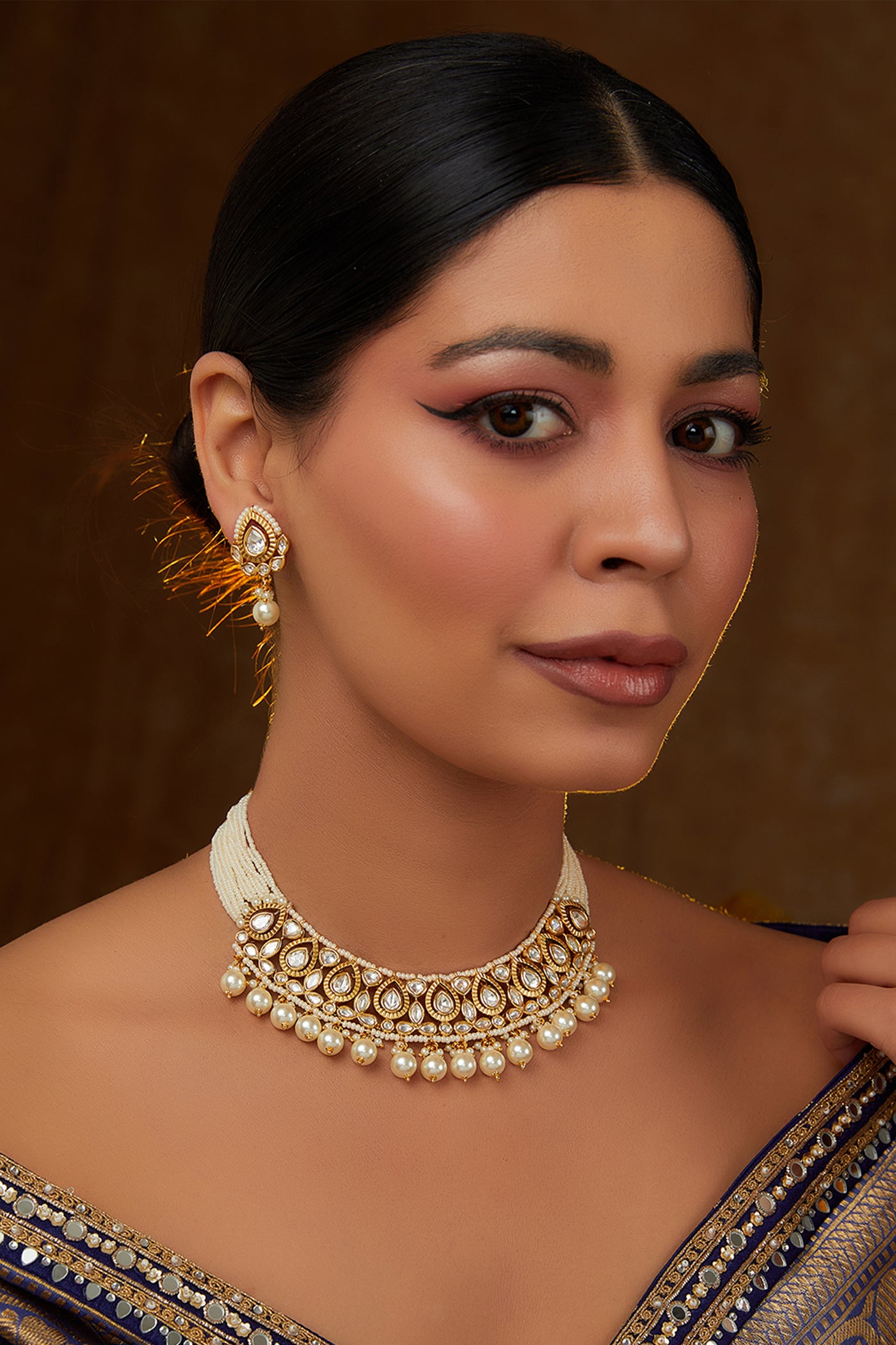 Zevar Gold Kundan Necklace Studded With Kundan Stones Set indian designer wear online shopping melange singapore