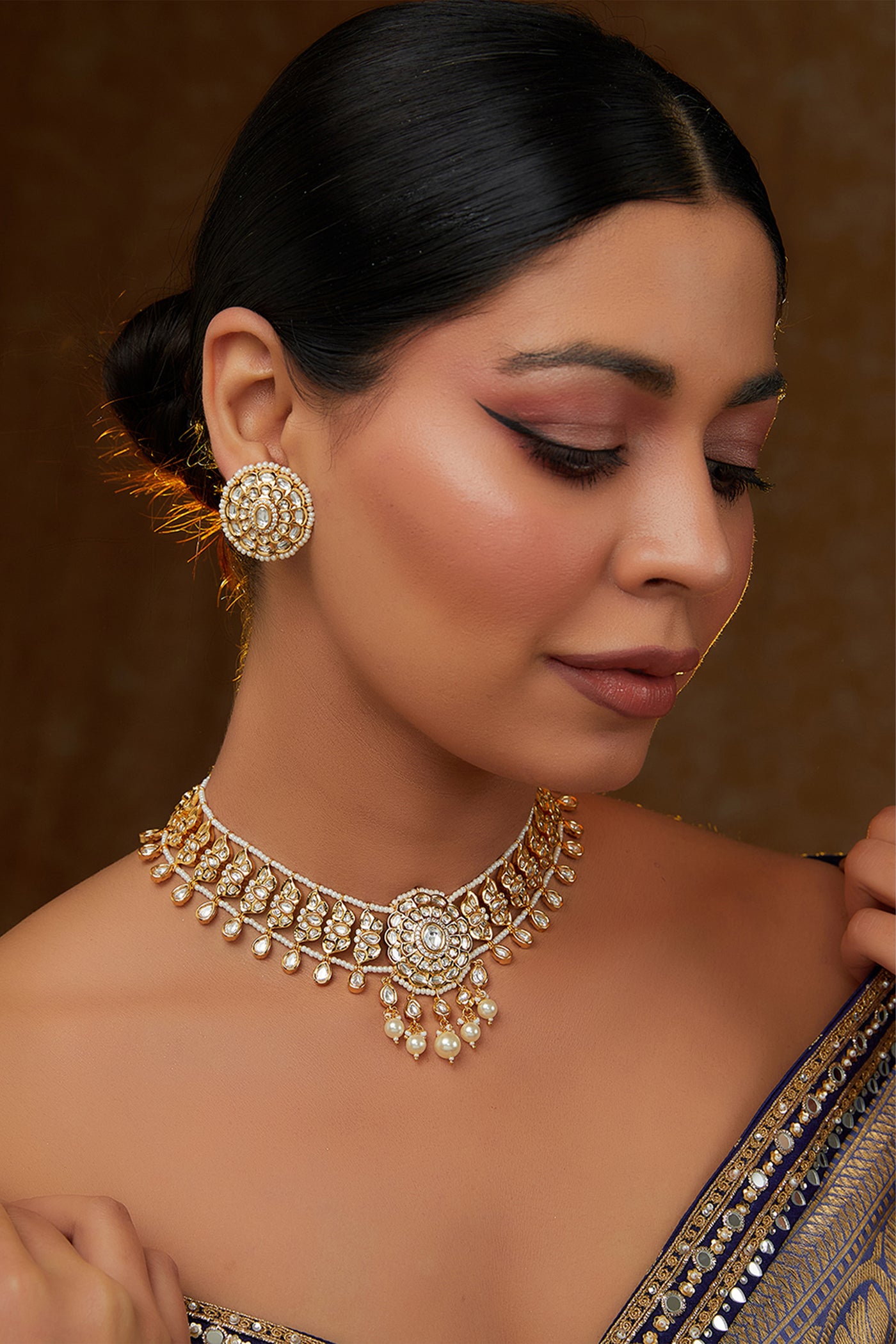 Zevar Gold Necklace Studded With Kundan Stones Set indian designer wear online shopping melange singapore