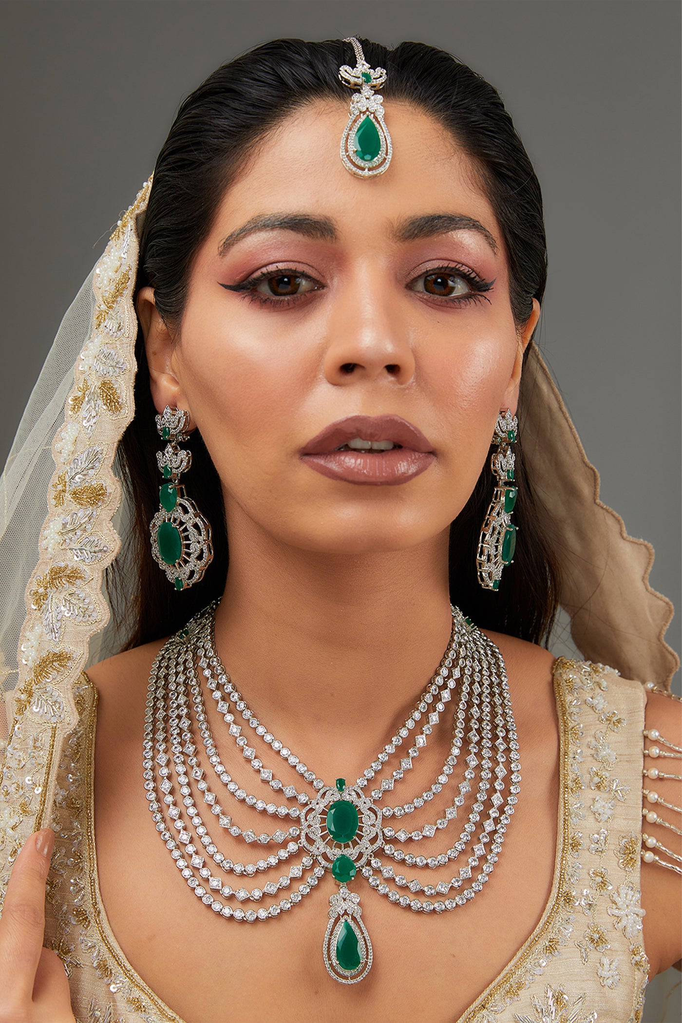 Zevar Green Layered Diamond Necklace Set indian designer wear online shopping melange singapore