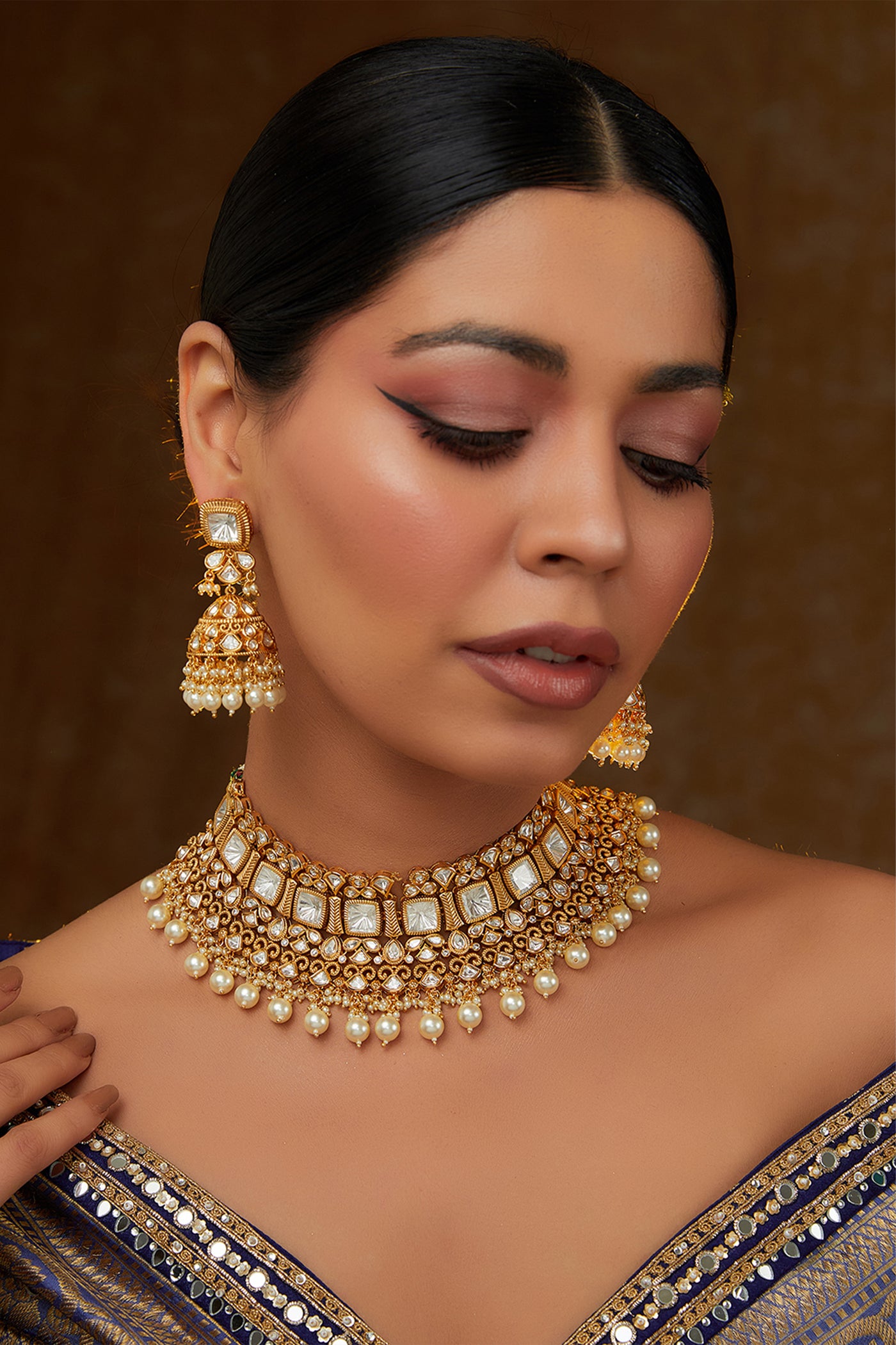 Zevar Kundan Necklace Gold Set indian designer wear online shopping melange singapore