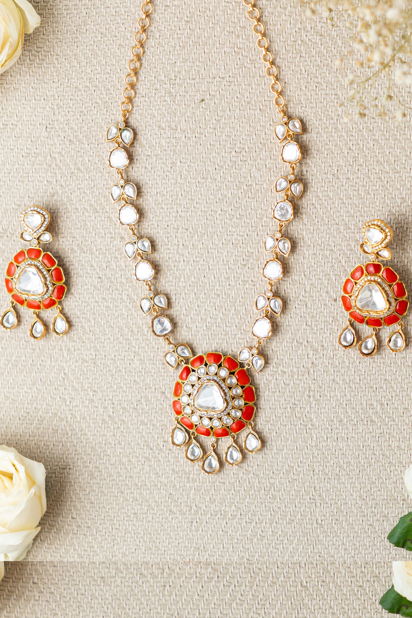 Zevar Kundan Necklace Set Coral jewellery Indian designer wear online shopping melange singapore