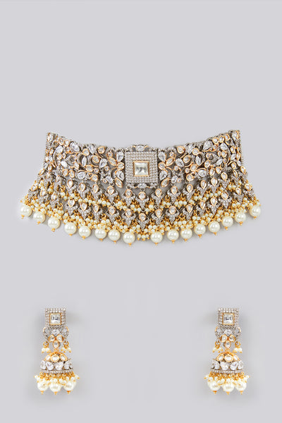 Zevar Kundan Necklace With Stones And Pearls Set indian designer wear online shopping melange singapore