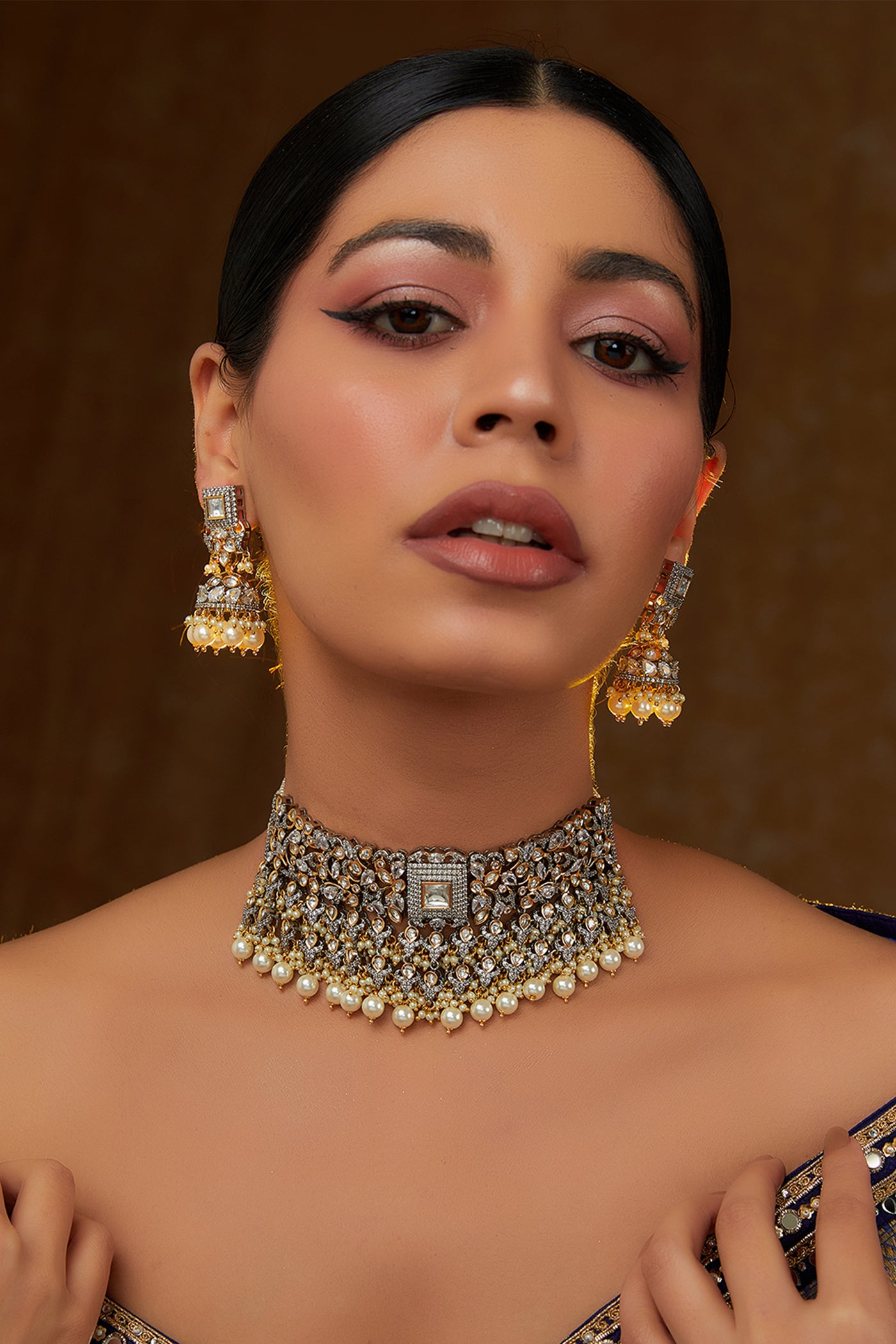 Zevar Kundan Necklace With Stones And Pearls Set indian designer wear online shopping melange singapore