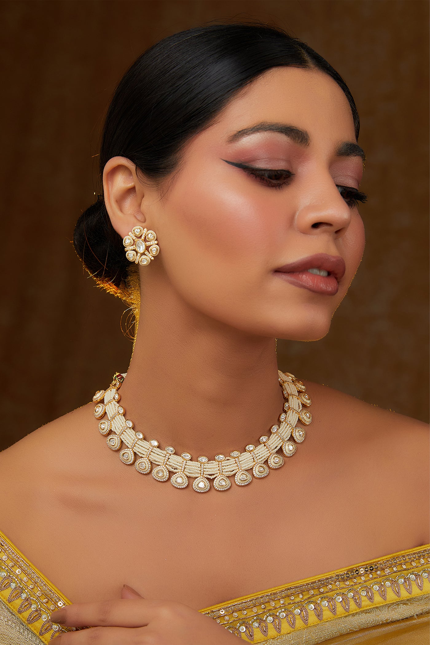 Zevar Kundan Necklace With Studs Set indian designer wear online shopping melange singapore