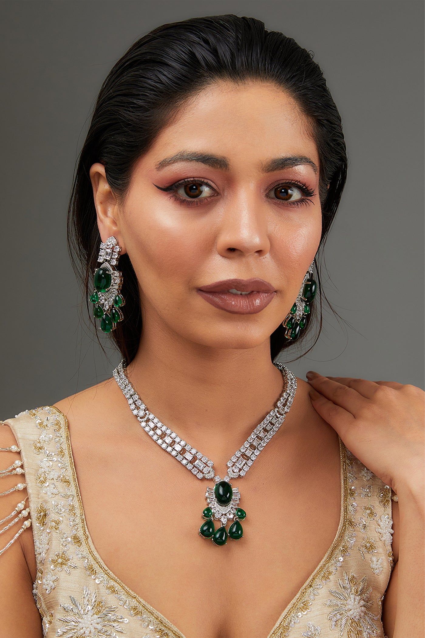 Zevar Long Diamond Necklace Set indian designer wear online shopping melange singapore