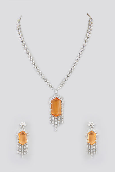 Zevar Long Diamond Pendant Necklace Set indian designer wear online shopping melange singapore