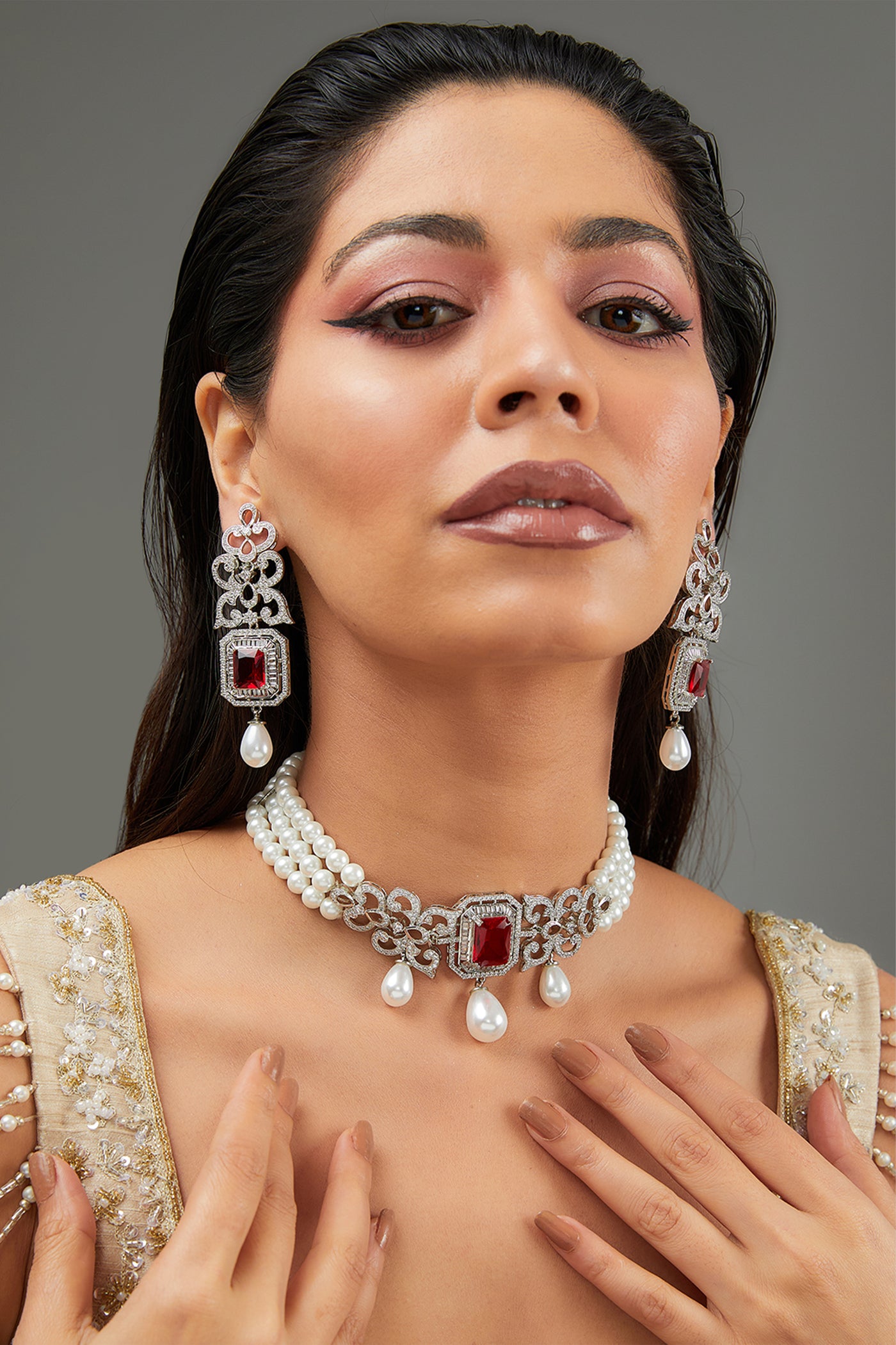 Zevar Pink Diamond Choker Necklace With Pearl Strings Set indian designer wear online shopping melange singapore