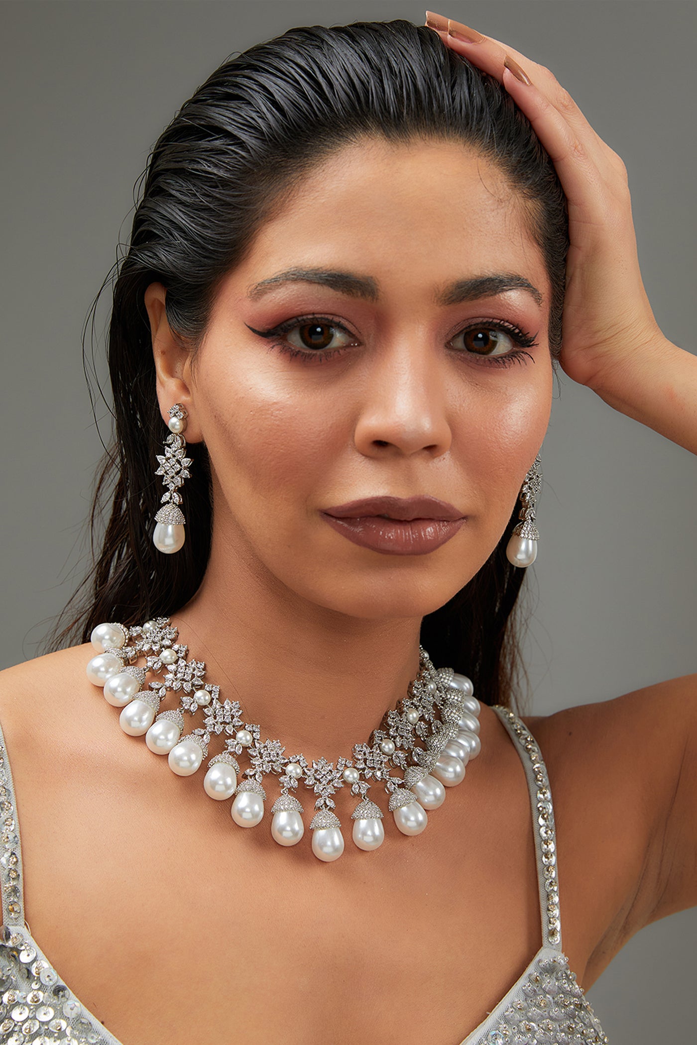 Zevar White Diamond Necklace With Pearls Set indian designer wear online shopping melange singapore