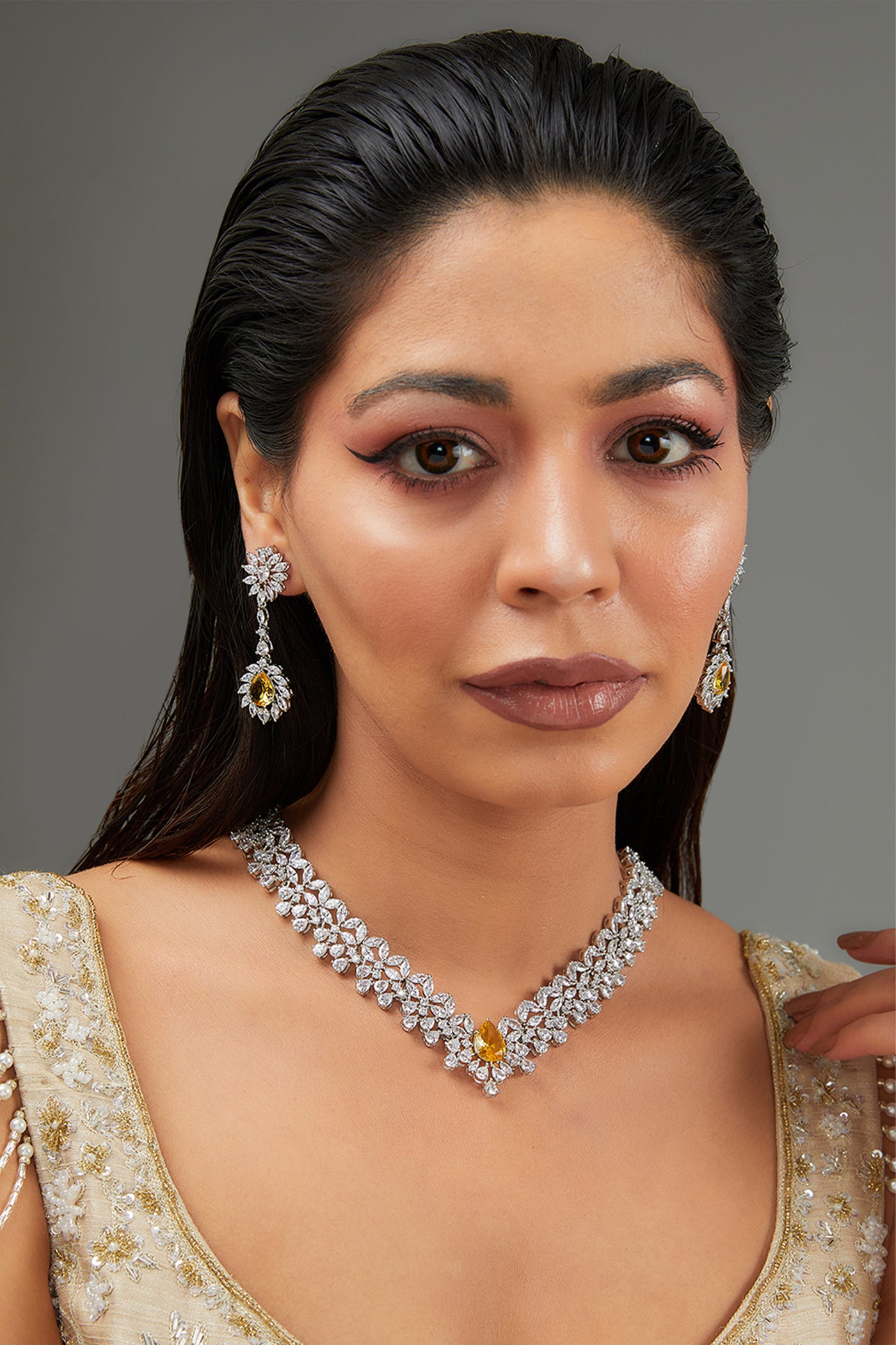 Zevar Yellow Long Diamond Necklace indian designer wear online shopping melange singapore