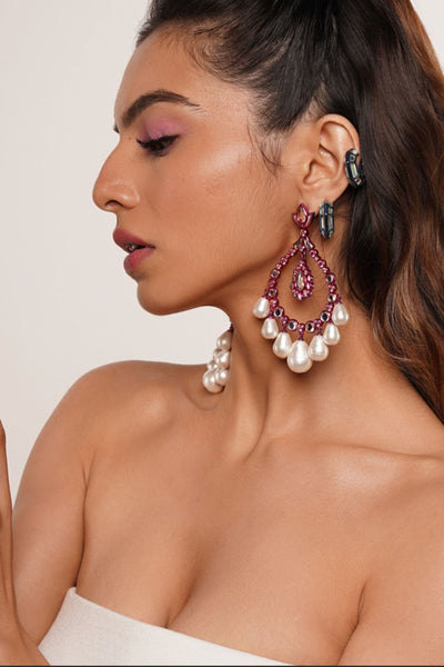 Isharya Rani Pink Elongated Crystal Pearl Earrings In Colored Plating jewellery indian designer wear online shopping melange singapore