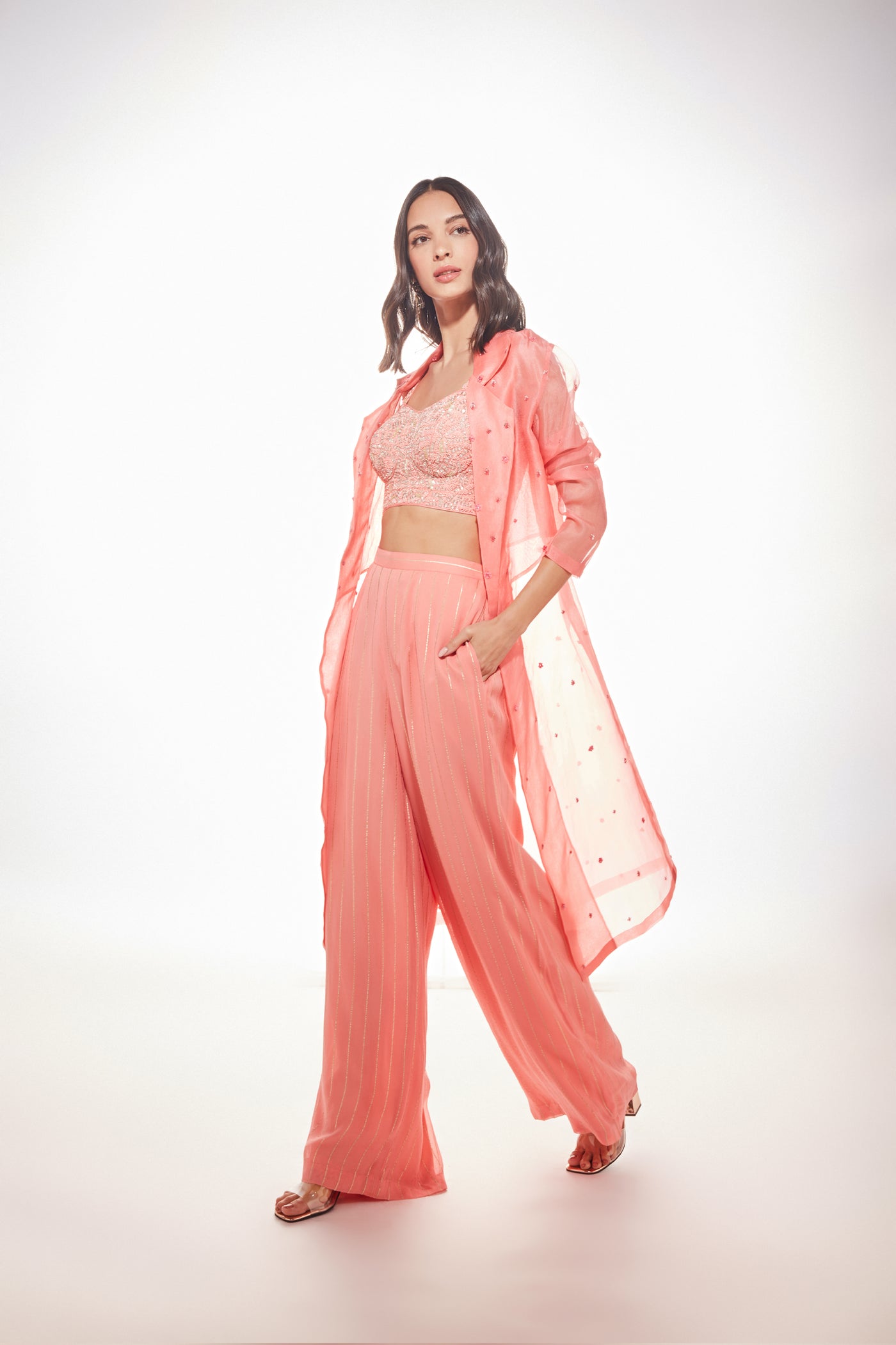 Chamee and Palak June Trench Jacket Set-peach indian designer wear online shopping melange singapore