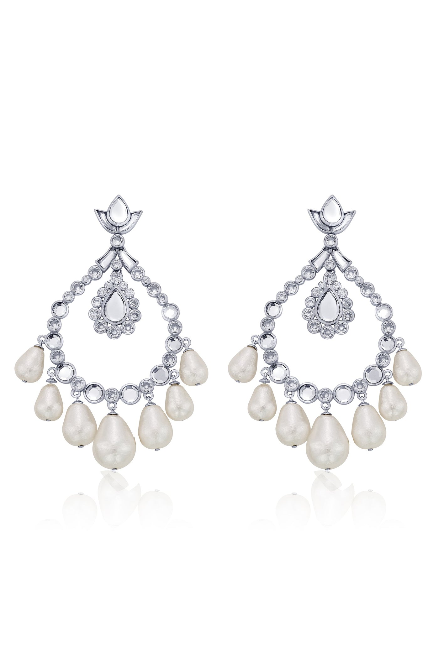 Modern Maharani Elongated Crystal Pearl Jhoomer Earrings Silver