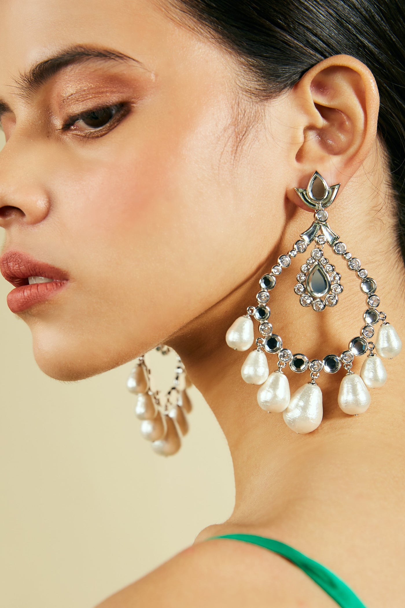 Modern Maharani Elongated Crystal Pearl Jhoomer Earrings Silver