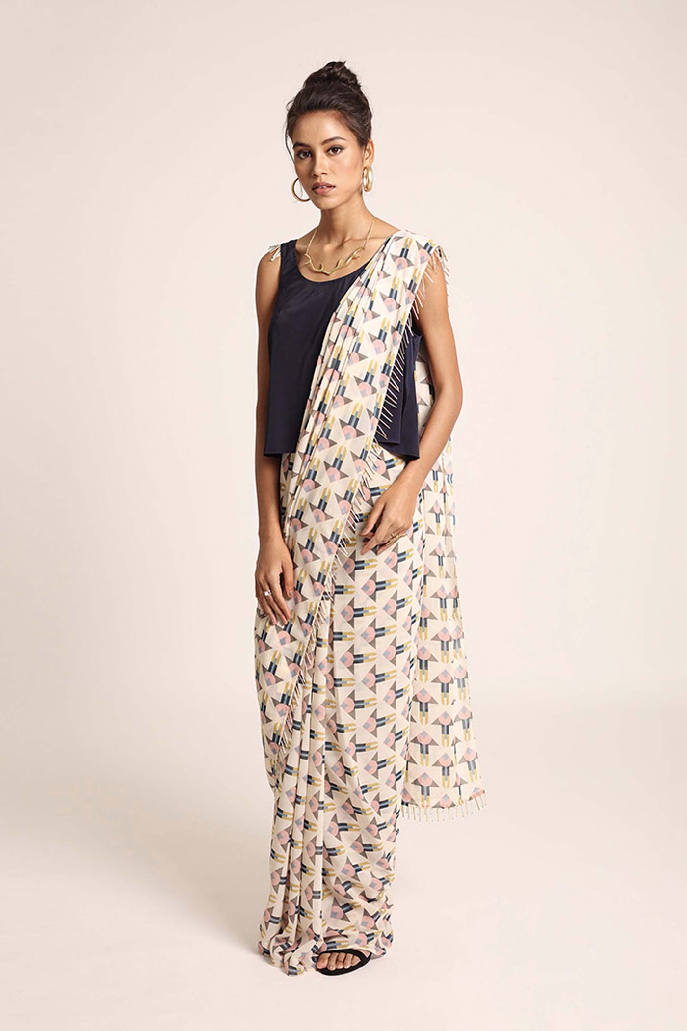 Payal Singhal Navy Art Crepe Top With Cream Printed Art Georgetet Saree indian designer wear womenswear online shopping melange singapore