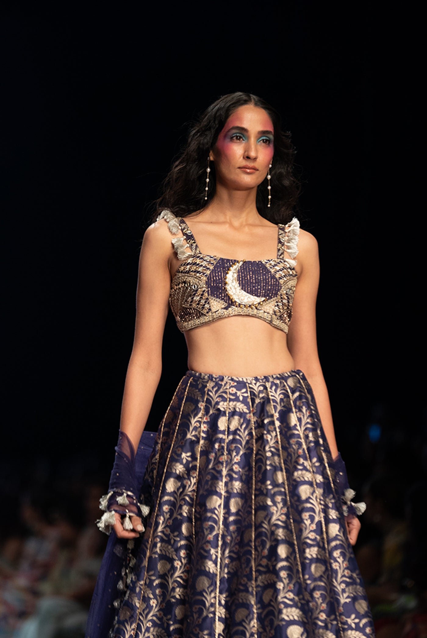 payal singhal Nina Navy Dupion Silk Brocade Embroidered Bustier With Brocade Lehenga And Mukaish Net Dupatta festive indian designer wear online shopping melange singapore