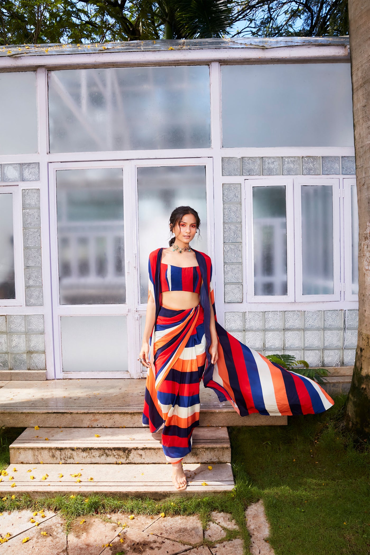 sva by sonam and paras modi SVA  Stripes saree style drape skirt with bustier and cape Festive fusion Indian designer wear online shopping melange singapore indian designer wear