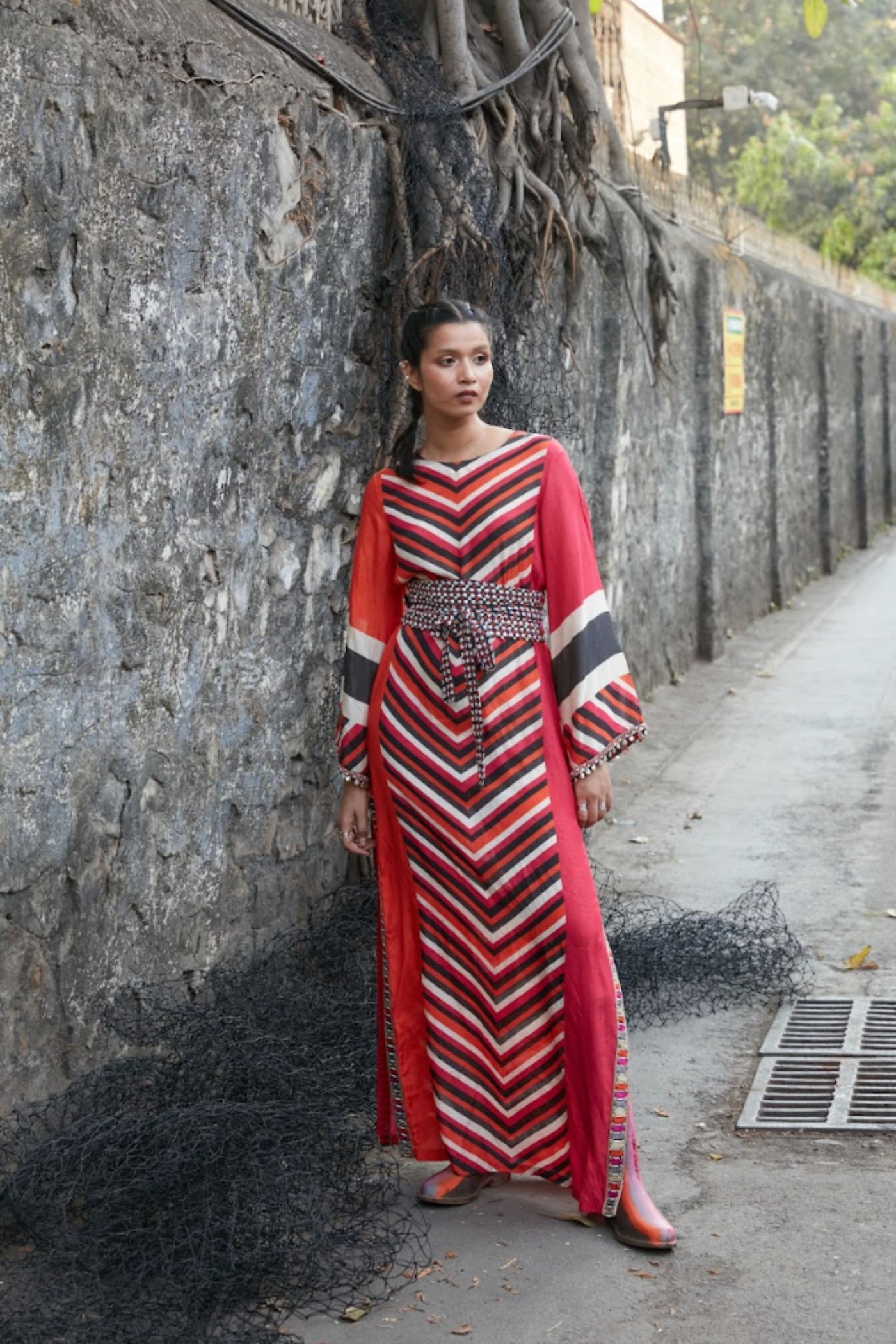 SVA Column Dress With Flared Sleeves Teamed With An Embellished Obi Belt Indian designer wear online shopping melange singapore