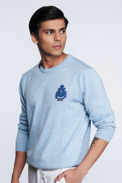 shantanu and nikhil menswear Light Blue Crested Sweater online shopping melange singapore indian designer wear