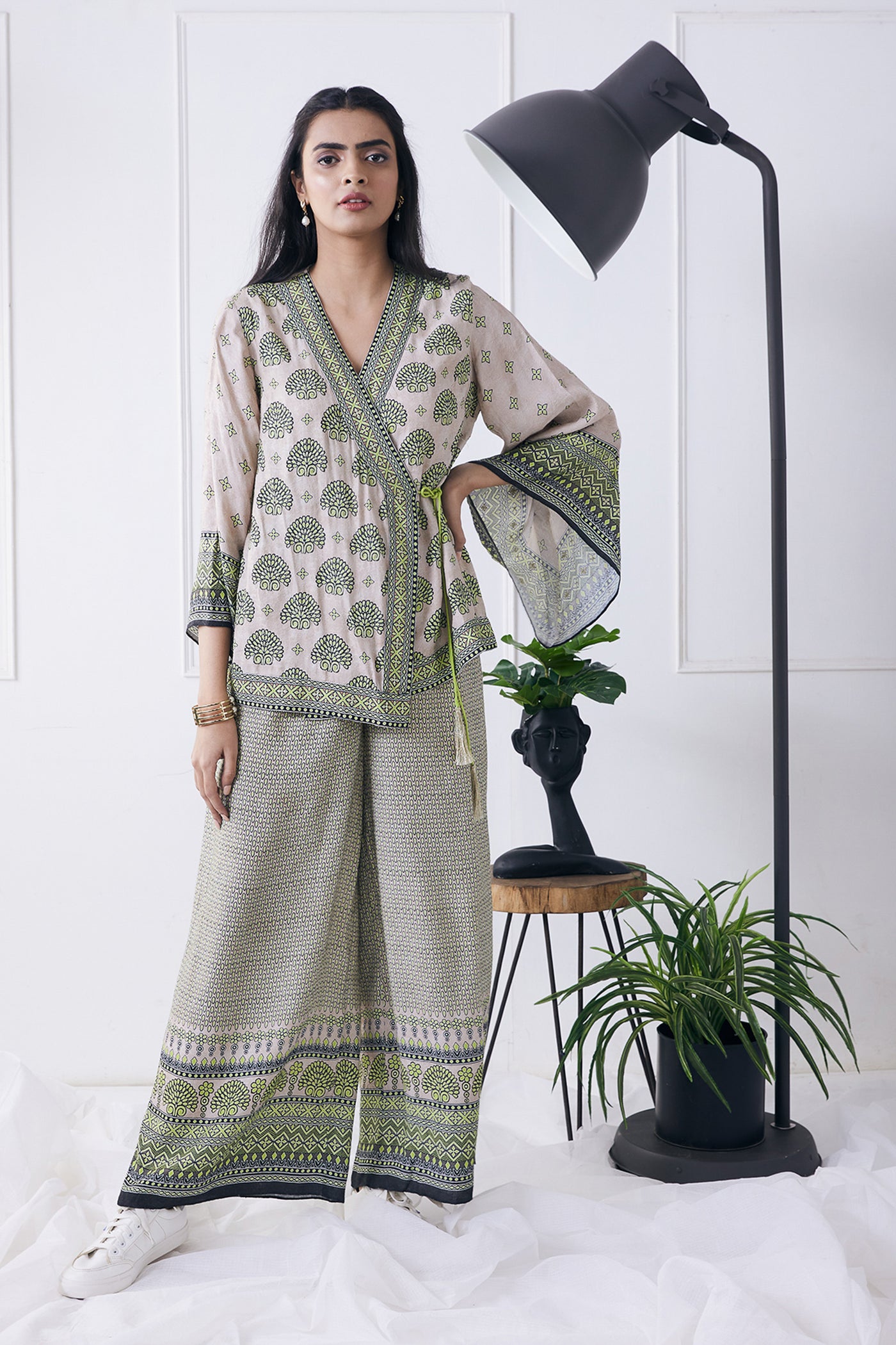 sougat paul Ela Printed Overlapped Top With Pants beige online shopping melange singapore