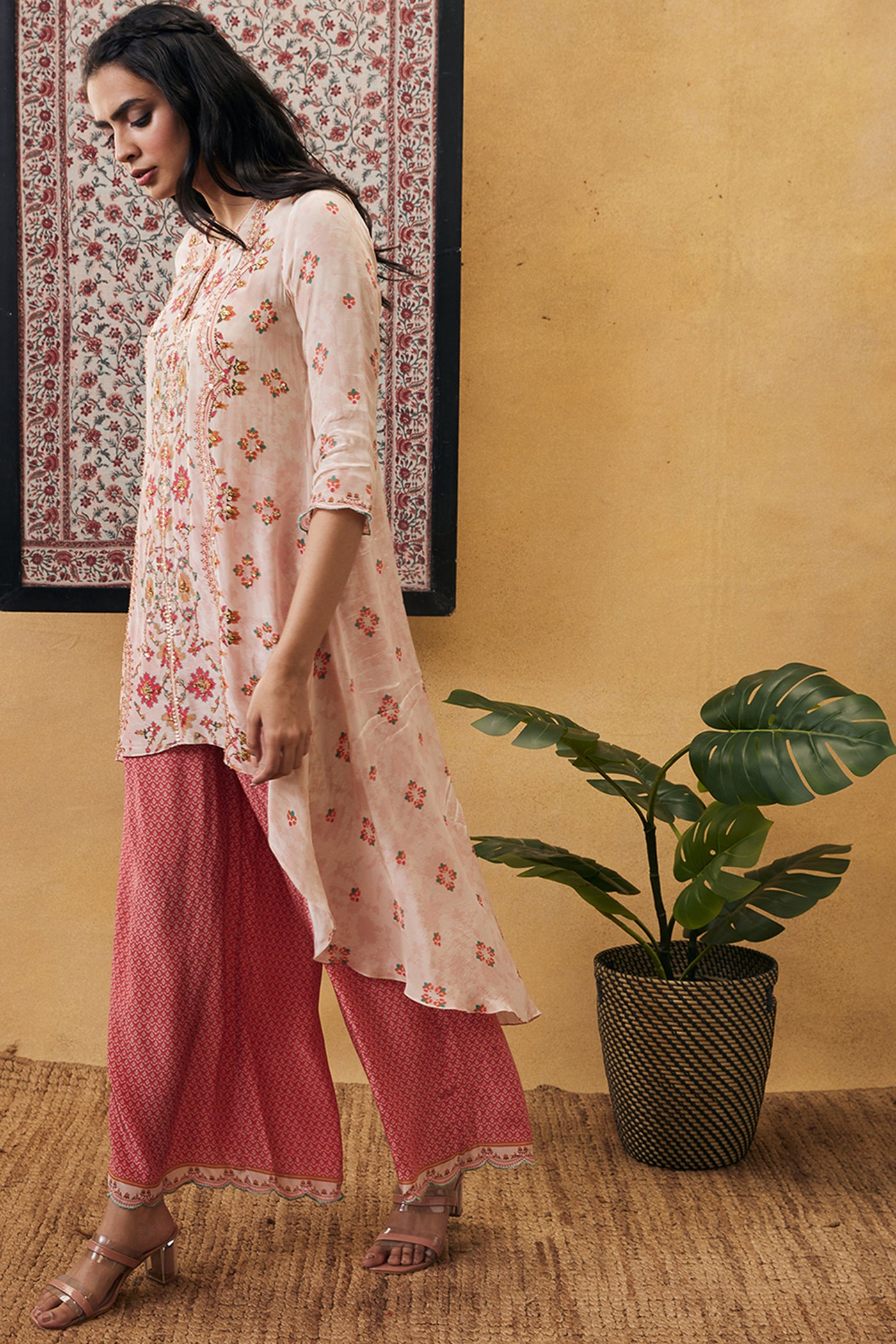 sougat paul Zahra Embroidered Asymmetric Kurta Set pink online shopping melange singapore indian designer wear