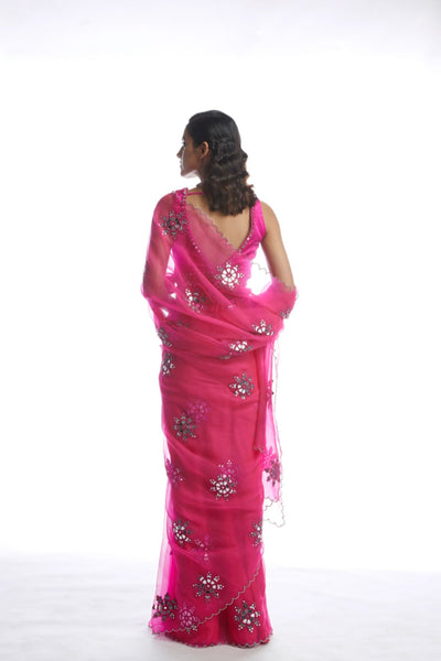 V Vani Vats Peacock Pink Mirror Cutwork Saree Indian designer wear online shopping melange singapore