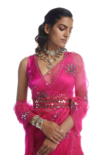 V Vani Vats Peacock Pink Mirror Cutwork Saree Indian designer wear online shopping melange singapore