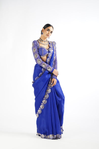 V Vani Vats Royal Blue Mirror Work Blouse Saree Set indian designer wear online shopping melange singapore