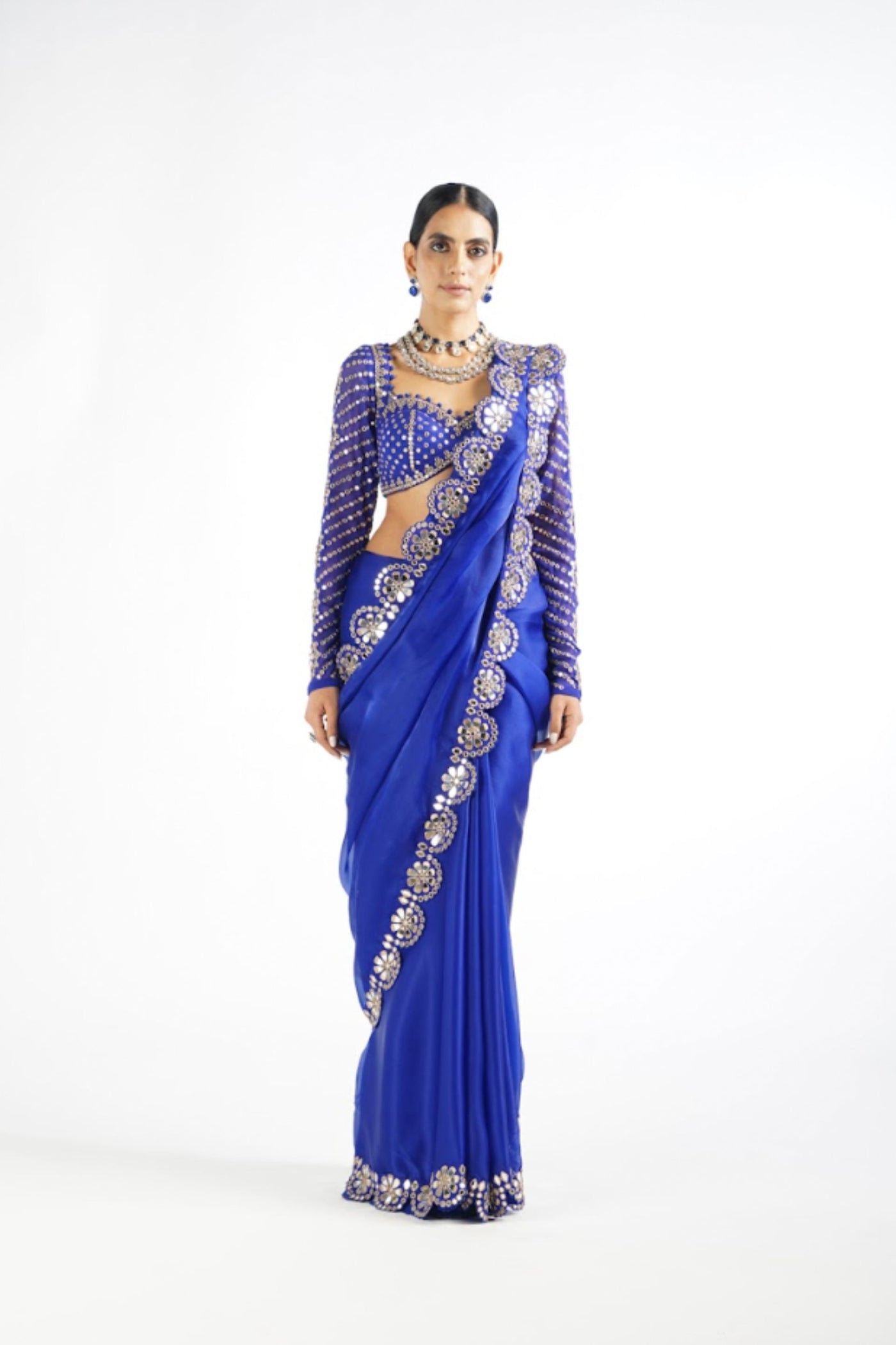 V Vani Vats Royal Blue Mirror Work Blouse Saree Set indian designer wear online shopping melange singapore