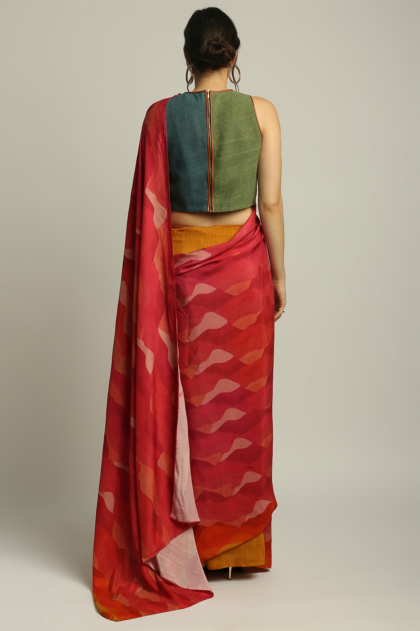 sougat paul Dune Shadow Printed Pre-stitched Saree With Blouse red green fusion indian designer wear online shopping melange singapore